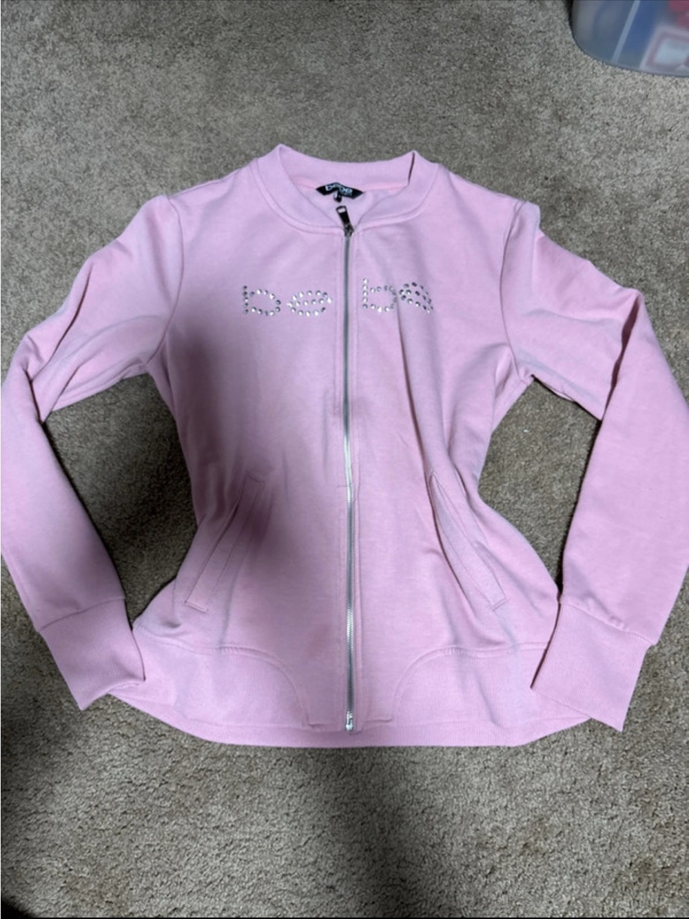 bebe Light Pink Rhinestone Zip-Front Long Sleeve Top